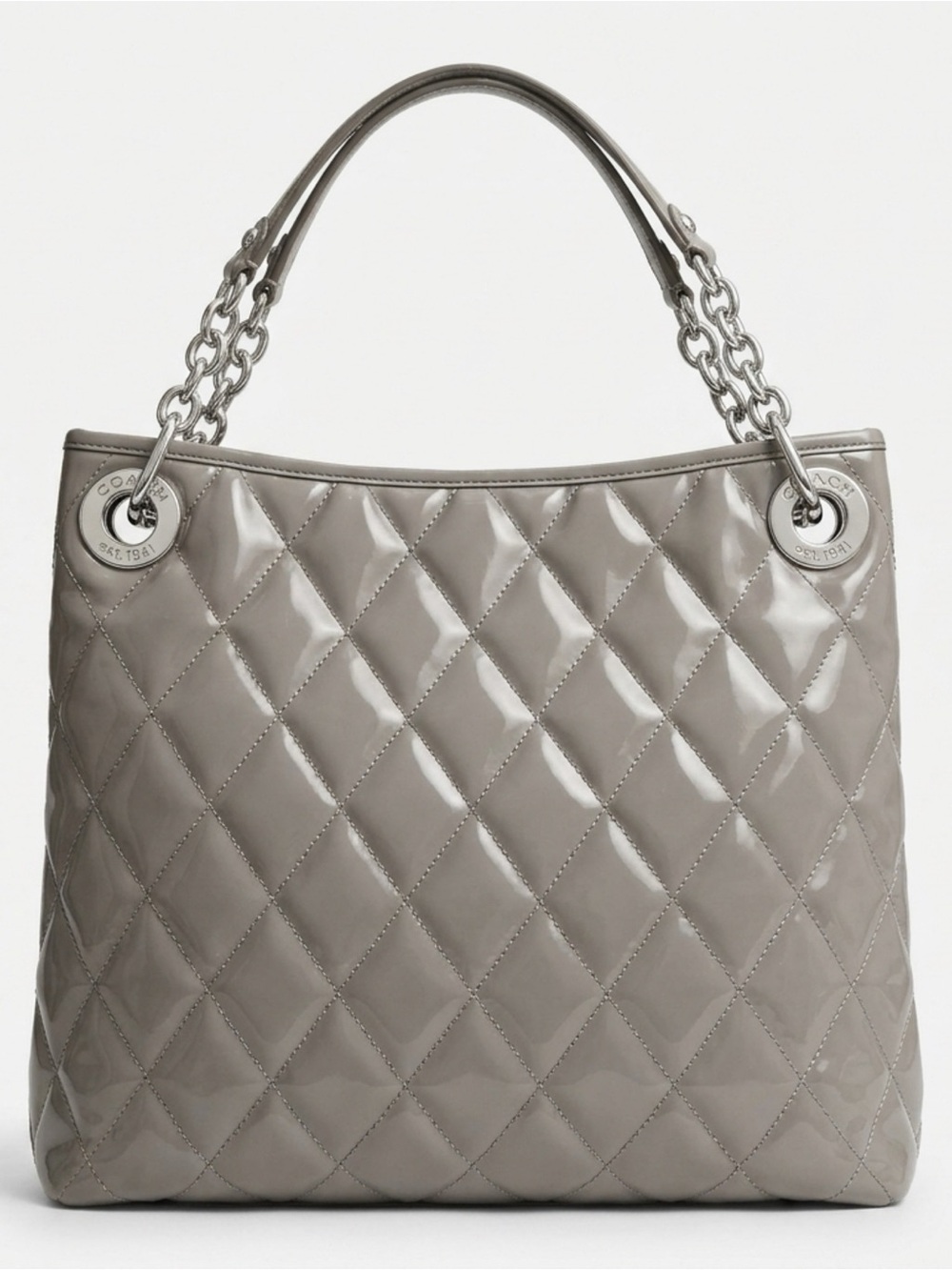 Coach Quilted Patent Leather Tote in Taupe Gray - Picture 2 of 7